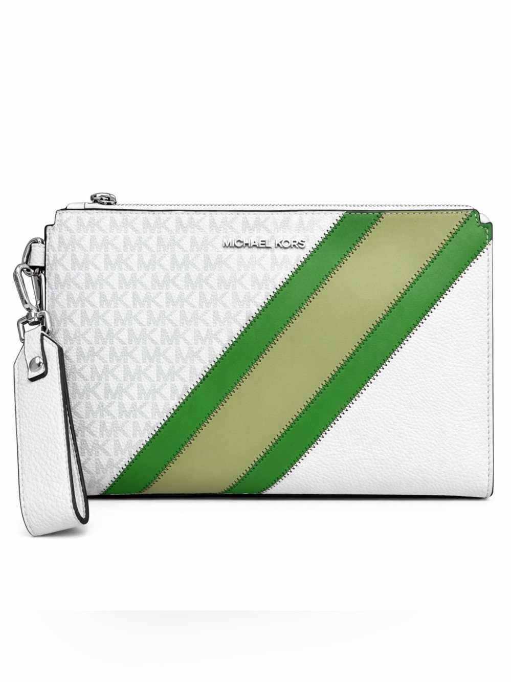 Michael Kors White Wristlet with Green Diagonal Stripes w/COA